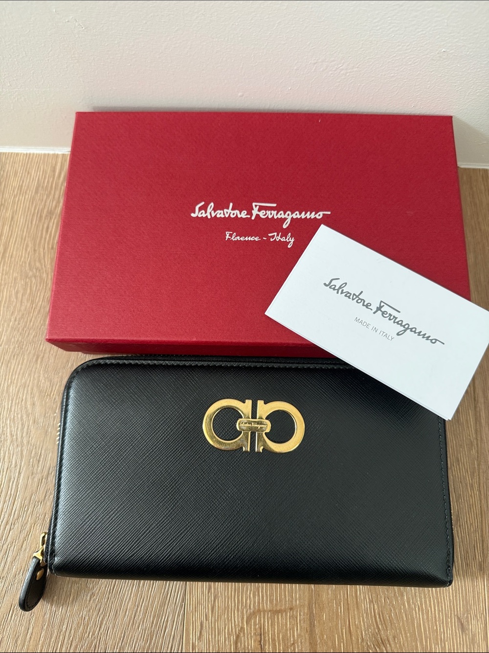 Salvatore Ferragamo Black Saffiano Leather Zip Lond Wallet